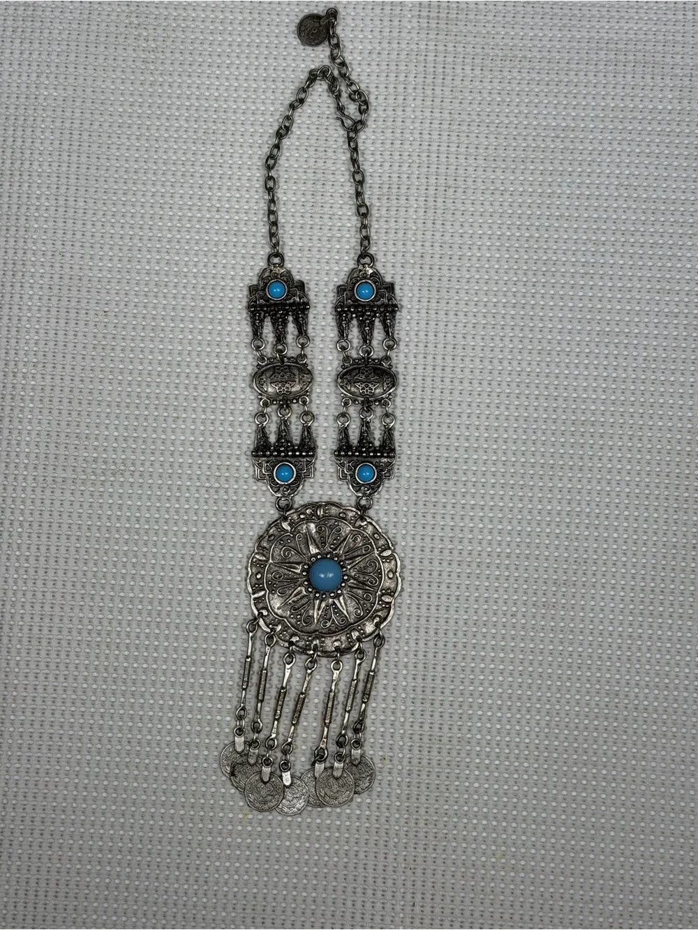 Faux Turquoise Silver-Tone Boho Medallion Native American inspired Bold Necklace